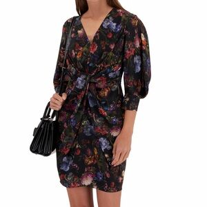 ADAM LIPPES Black Floral Crepe De Chine Draped Dress 2 NWT